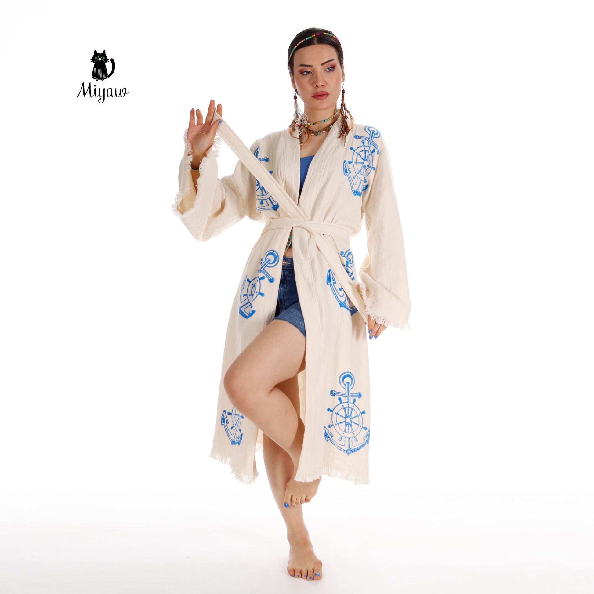 Organic Cotton Nautical Anchor Beach Kimono Robe for Ocean Lovers - Miyawfashion