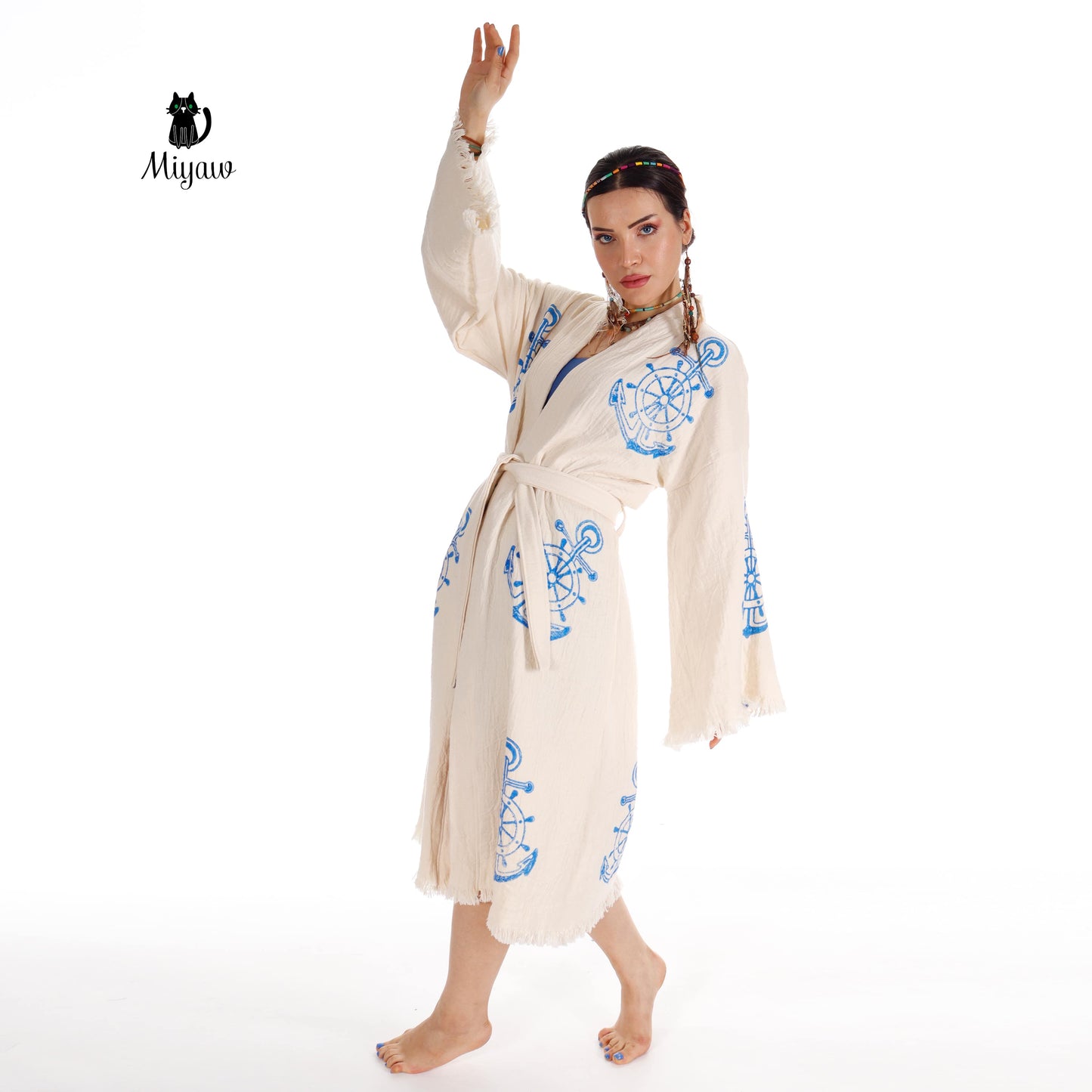 Organic Cotton Nautical Anchor Beach Kimono Robe for Ocean Lovers - Miyawfashion Miyawfashion