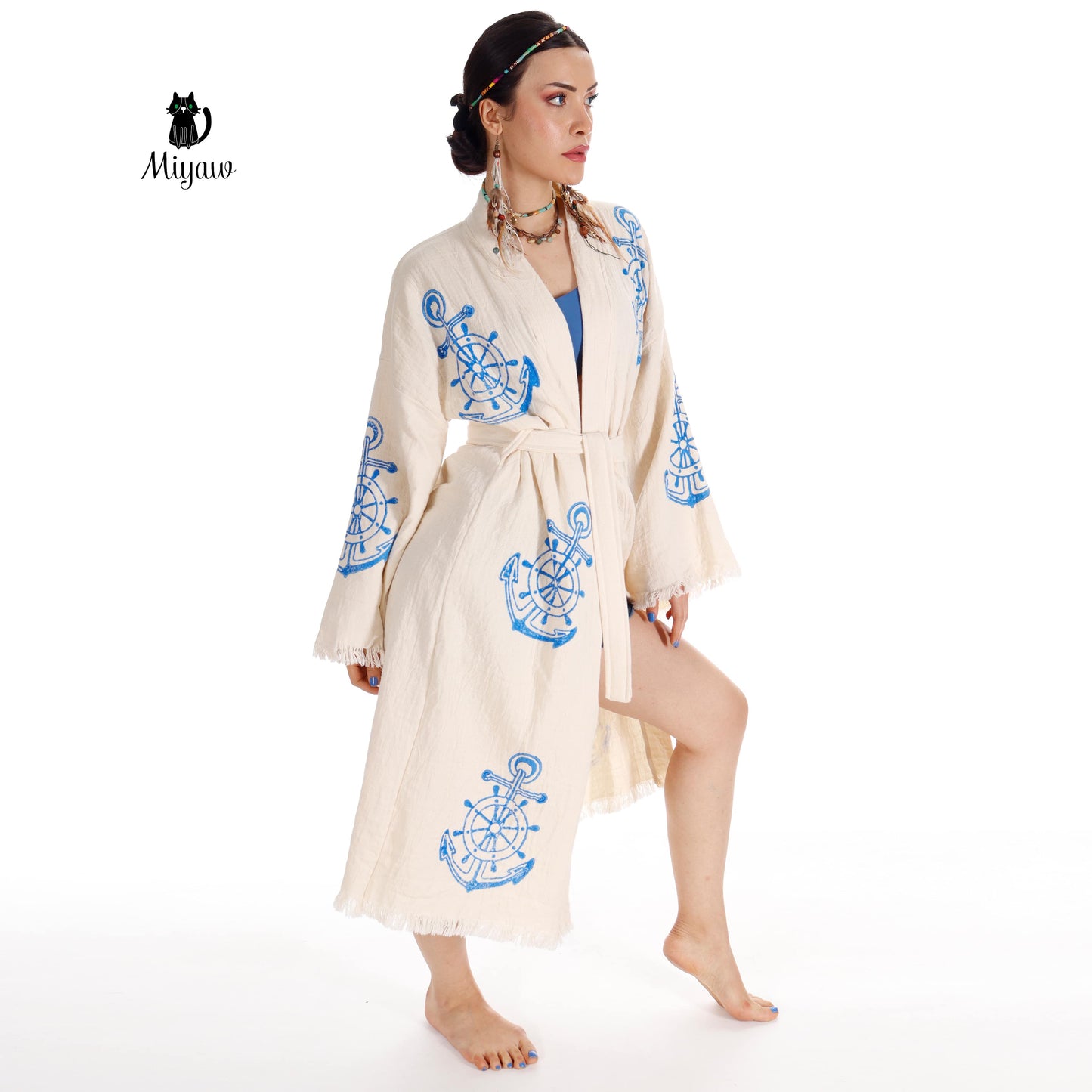 Organic Cotton Nautical Anchor Beach Kimono Robe for Ocean Lovers - Miyawfashion Miyawfashion