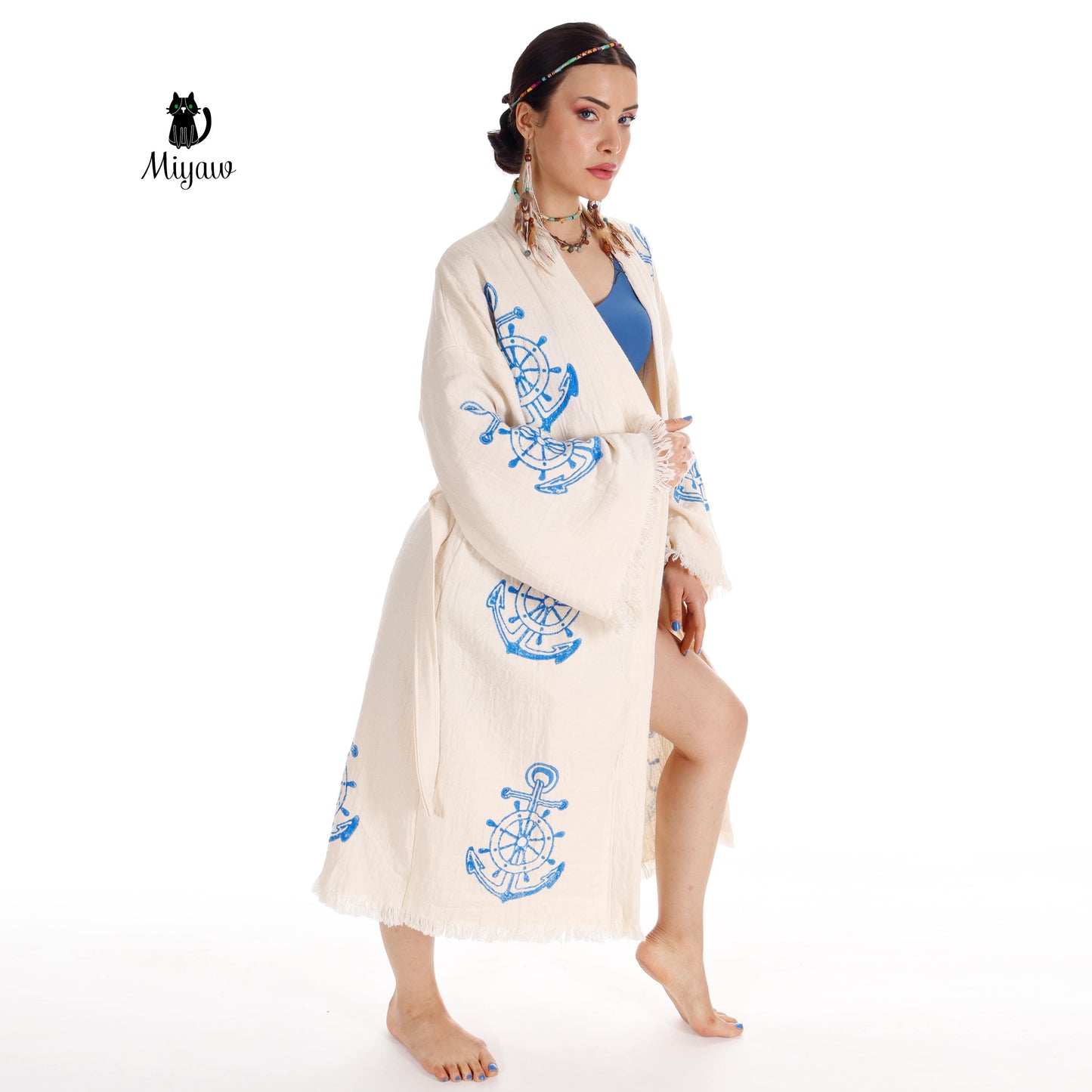 Organic Cotton Nautical Anchor Beach Kimono Robe for Ocean Lovers - Miyawfashion Miyawfashion