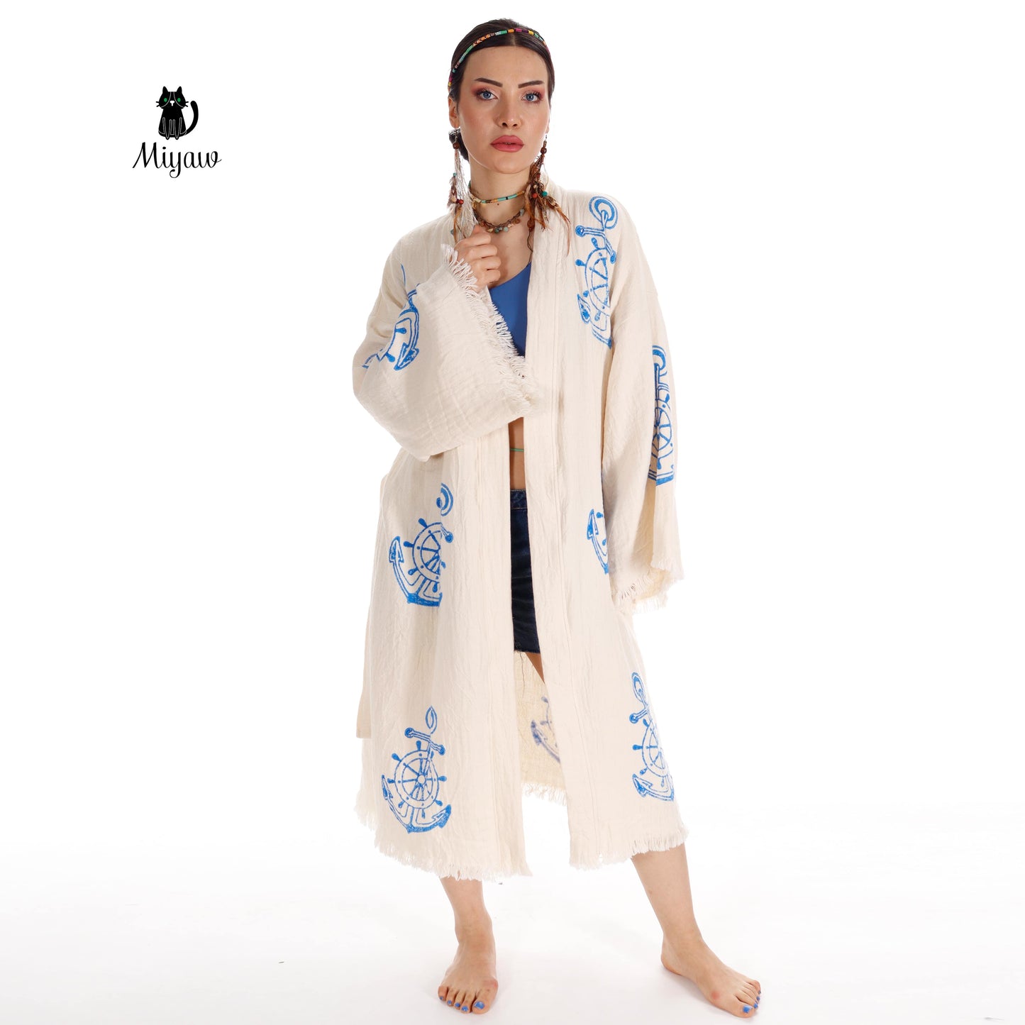 Organic Cotton Nautical Anchor Beach Kimono Robe for Ocean Lovers - Miyawfashion Miyawfashion