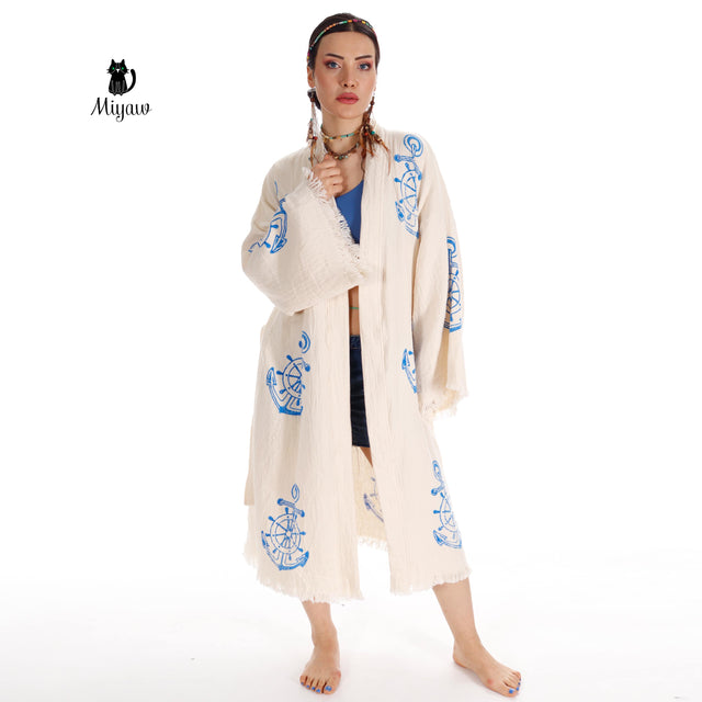 Organic Cotton Nautical Anchor Beach Kimono Robe for Ocean Lovers - Miyawfashion