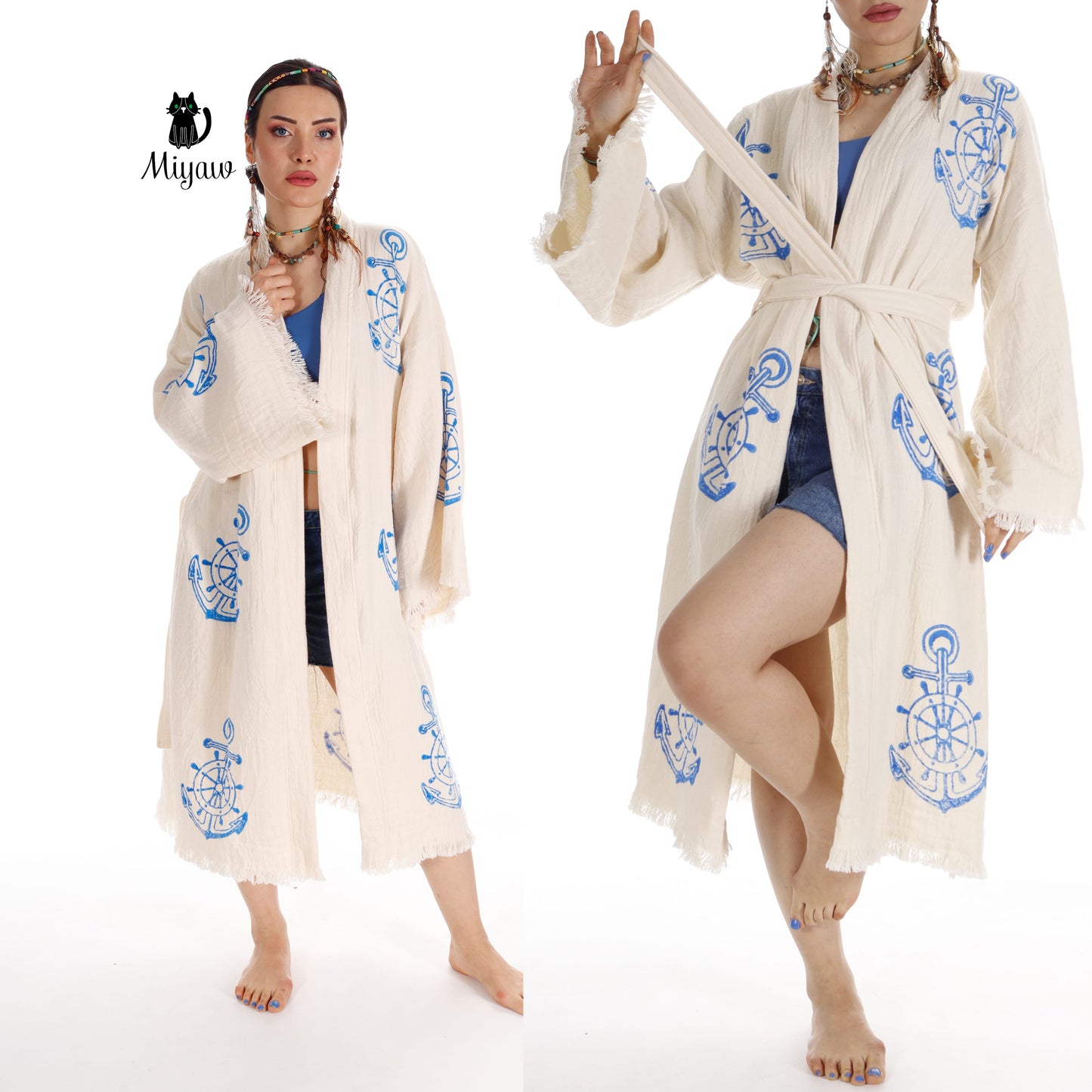 Organic Cotton Nautical Anchor Beach Kimono Robe for Ocean Lovers - Miyawfashion Miyawfashion