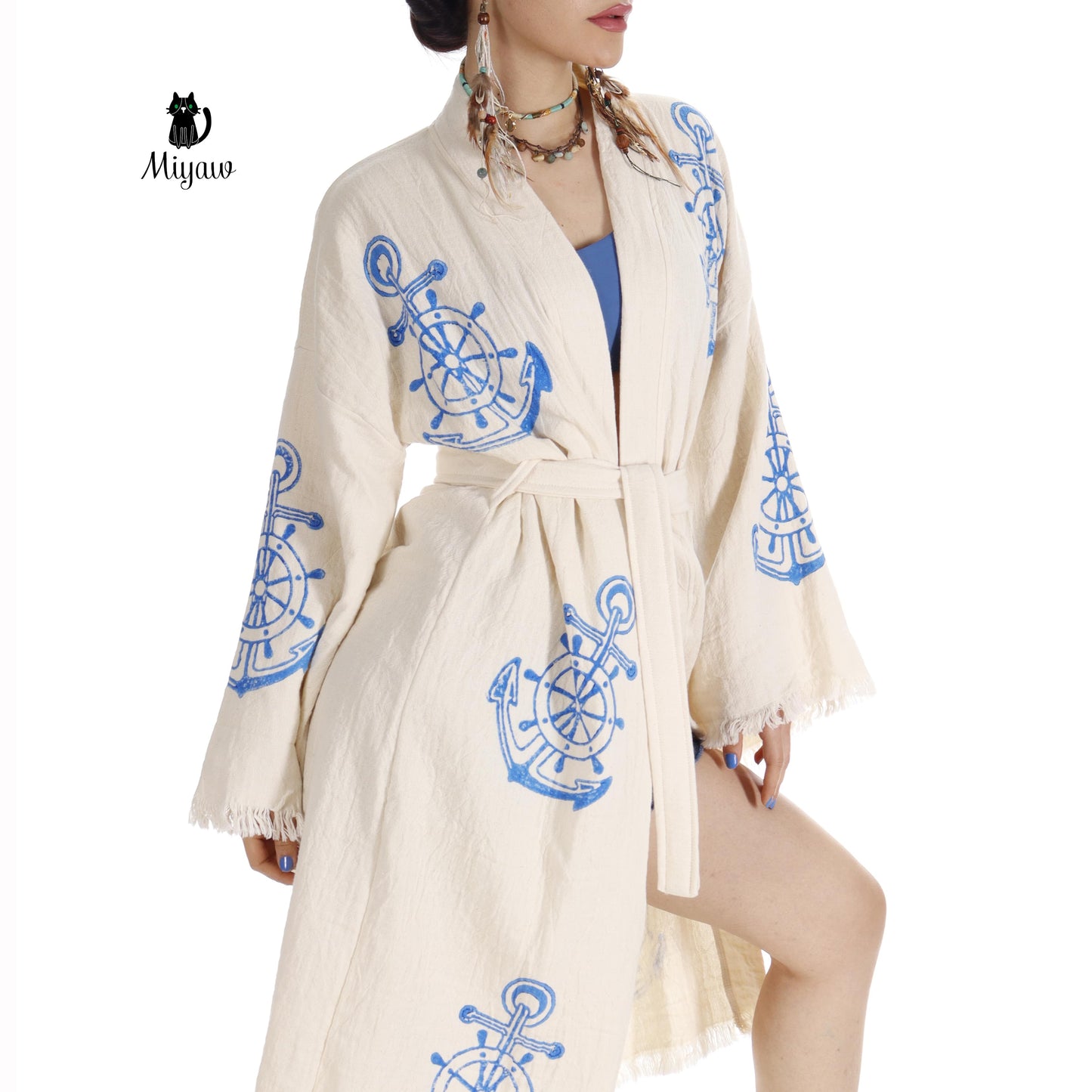 Organic Cotton Nautical Anchor Beach Kimono Robe for Ocean Lovers - Miyawfashion Miyawfashion