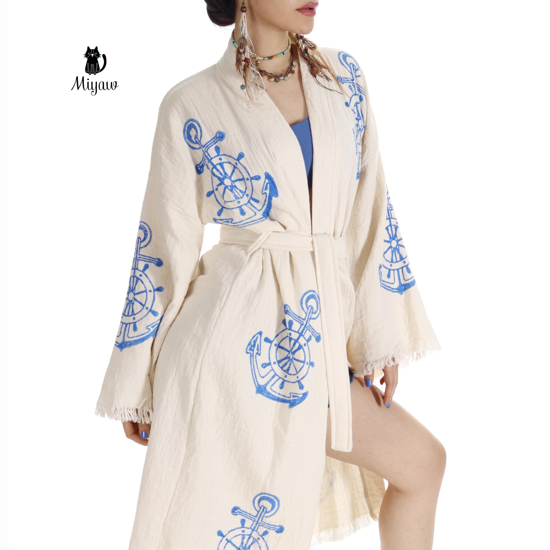 Organic Cotton Nautical Anchor Beach Kimono Robe for Ocean Lovers - Miyawfashion