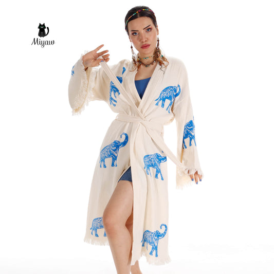 Ethically Made Organic Cotton Elephant Kimono for Beach Days and Mornings - Miyawfashion Miyawfashion