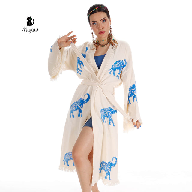 Ethically Made Organic Cotton Elephant Kimono for Beach Days and Mornings - Miyawfashion