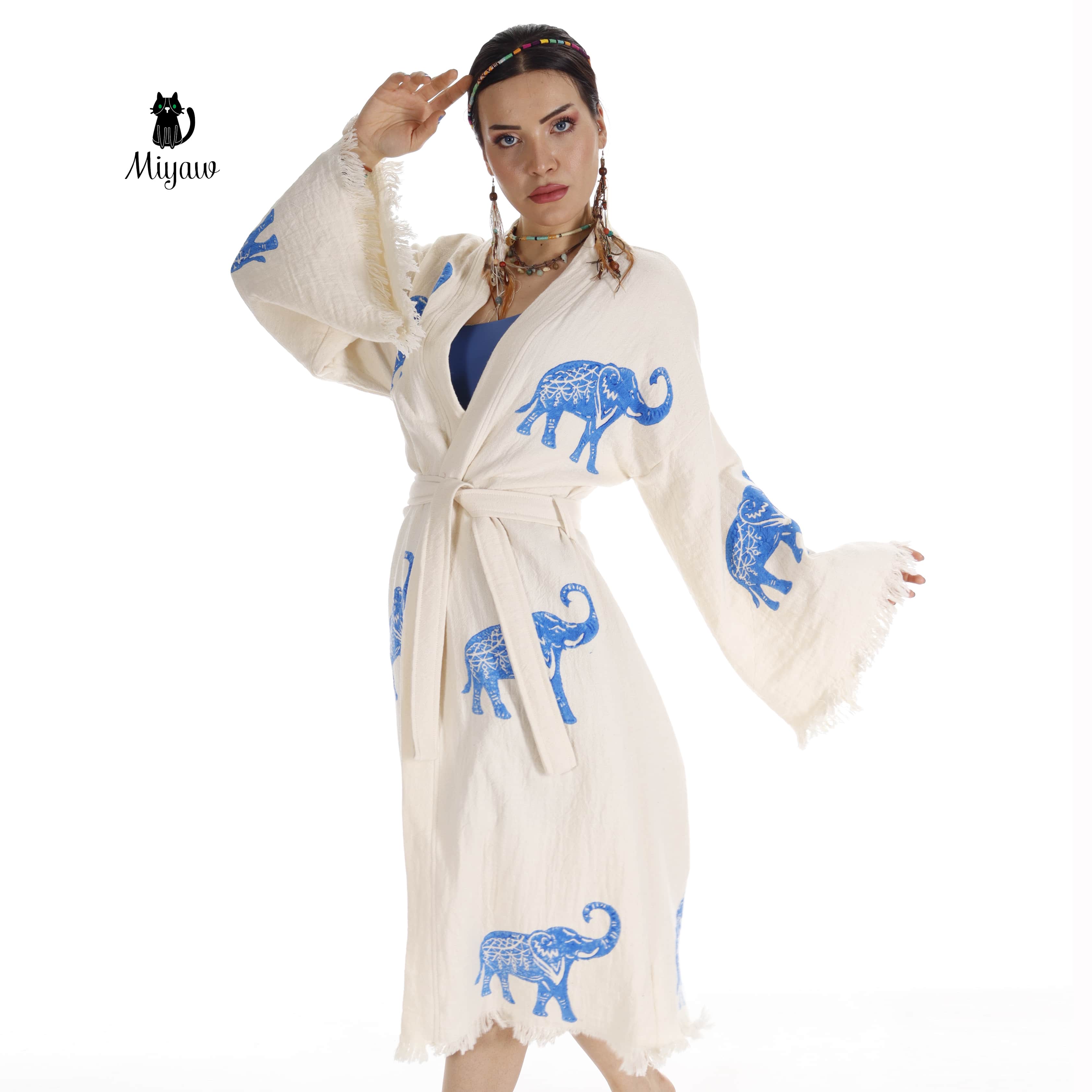 Ethically Made Organic Cotton Elephant Kimono for Beach Days and Mornings - Miyawfashion