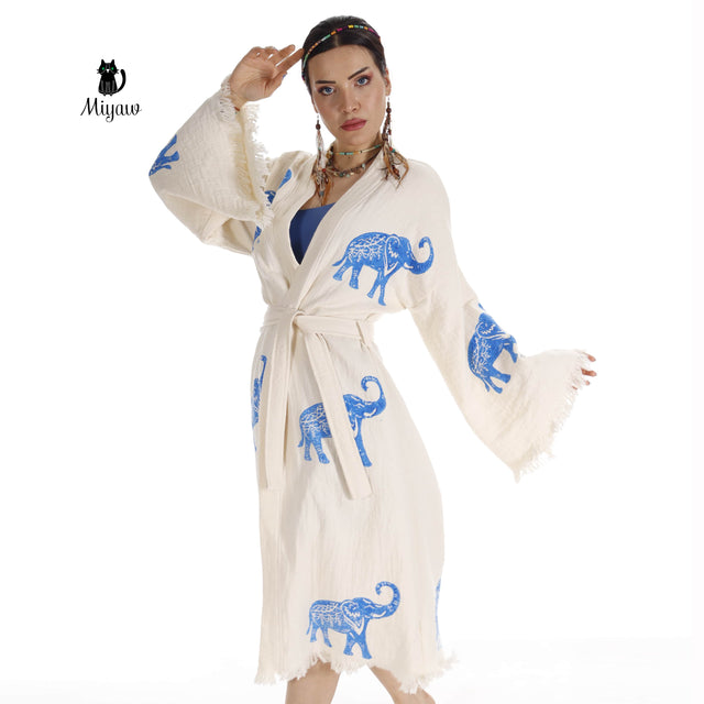 Ethically Made Organic Cotton Elephant Kimono for Beach Days and Mornings - Miyawfashion