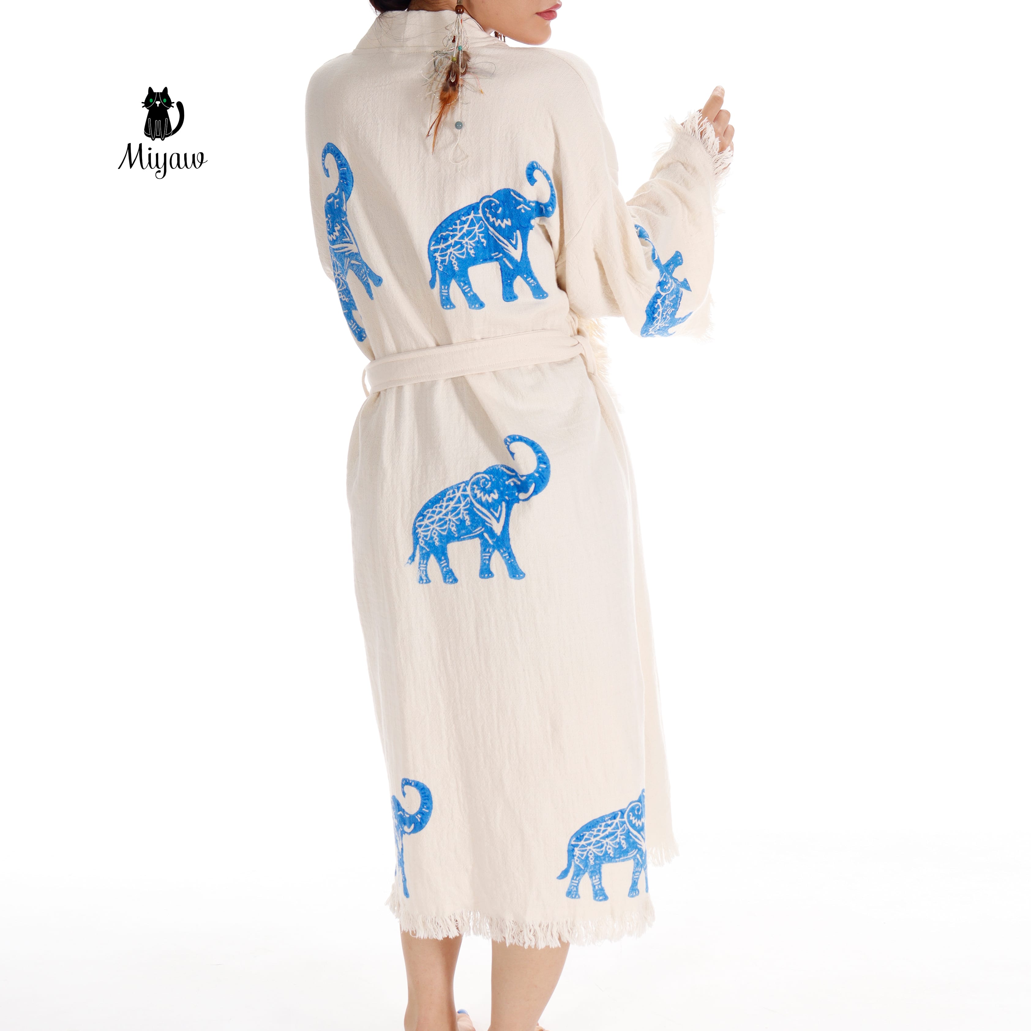 Ethically Made Organic Cotton Elephant Kimono for Beach Days and Mornings - Miyawfashion