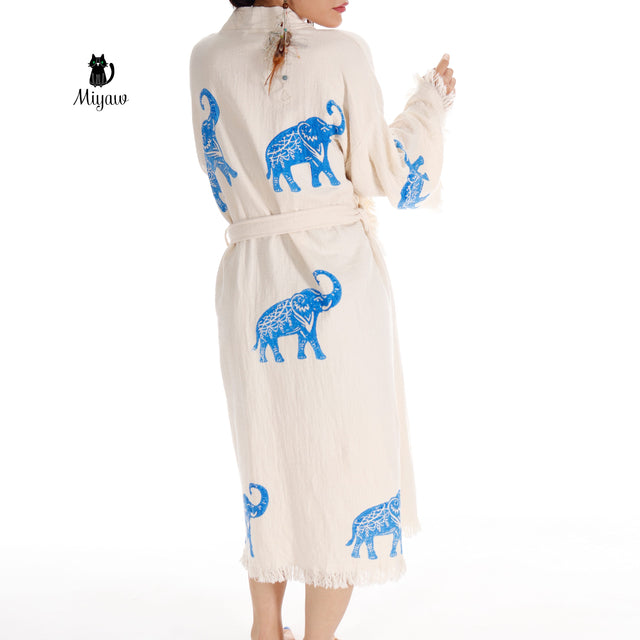 Ethically Made Organic Cotton Elephant Kimono for Beach Days and Mornings - Miyawfashion