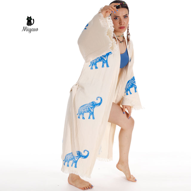 Ethically Made Organic Cotton Elephant Kimono for Beach Days and Mornings - Miyawfashion