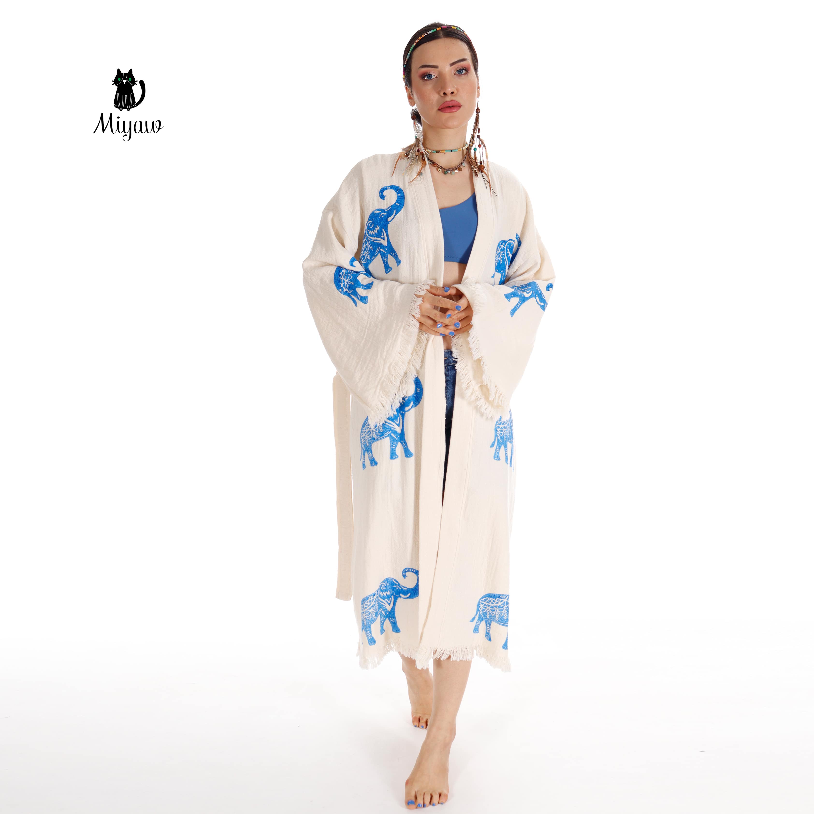 Ethically Made Organic Cotton Elephant Kimono for Beach Days and Mornings - Miyawfashion