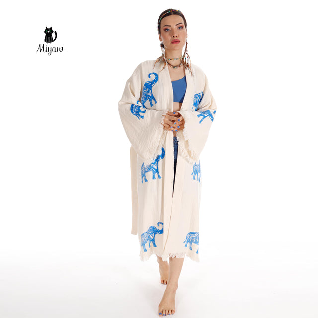Ethically Made Organic Cotton Elephant Kimono for Beach Days and Mornings - Miyawfashion