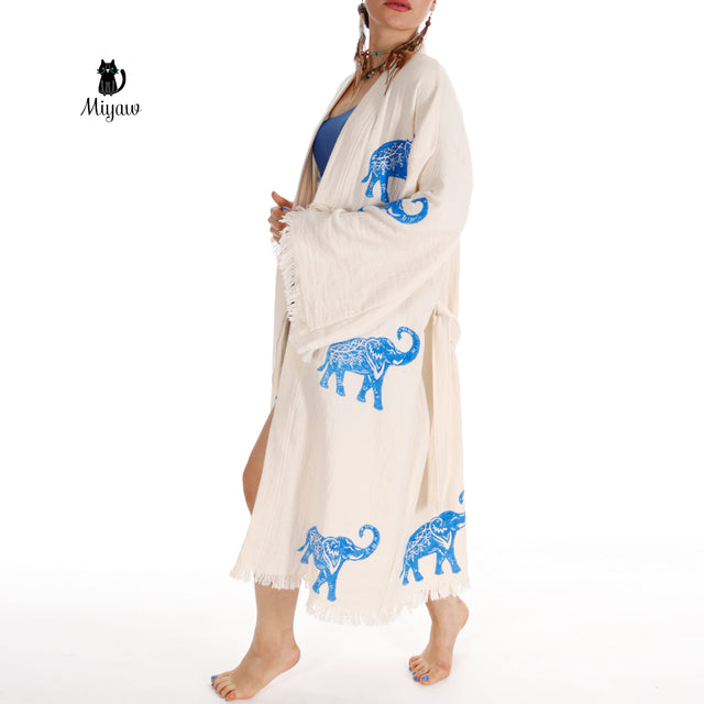 Ethically Made Organic Cotton Elephant Kimono for Beach Days and Mornings - Miyawfashion