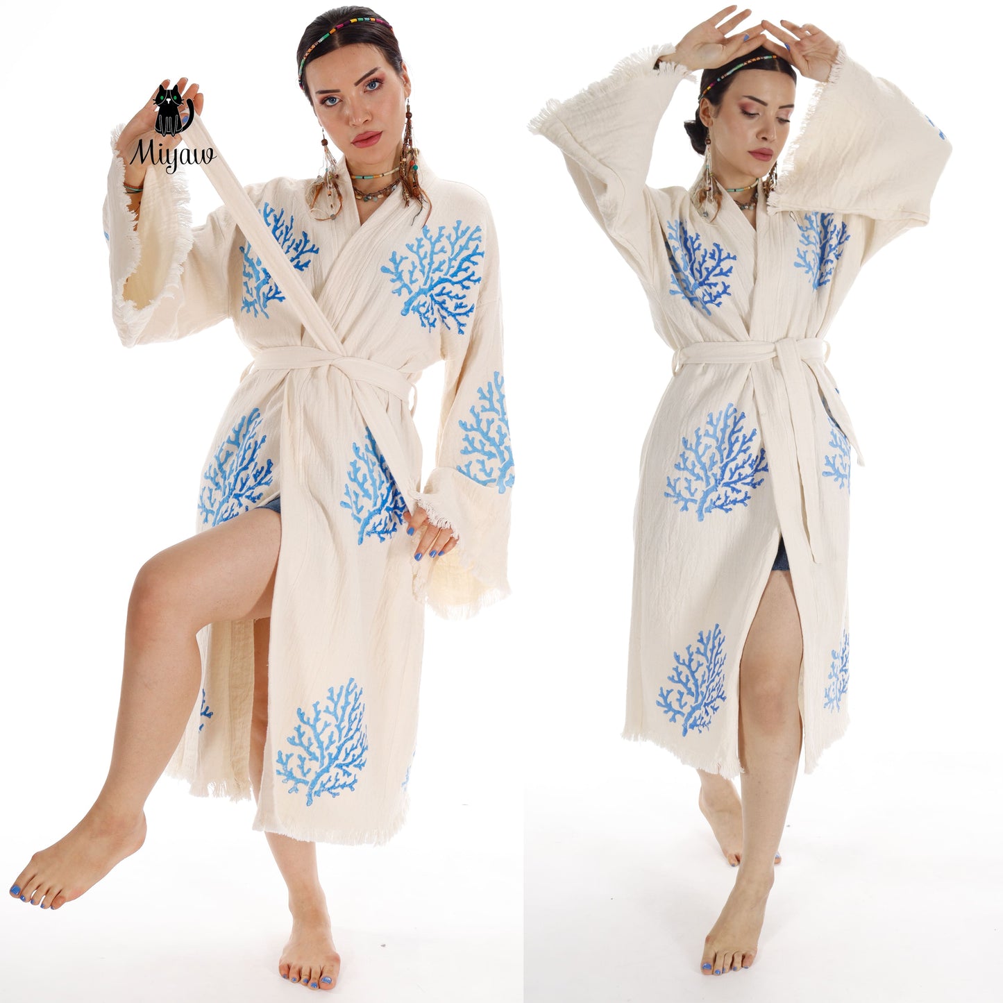 Handcrafted Organic Cotton Kimono in Blue Sea Coral - Miyawfashion Miyawfashion