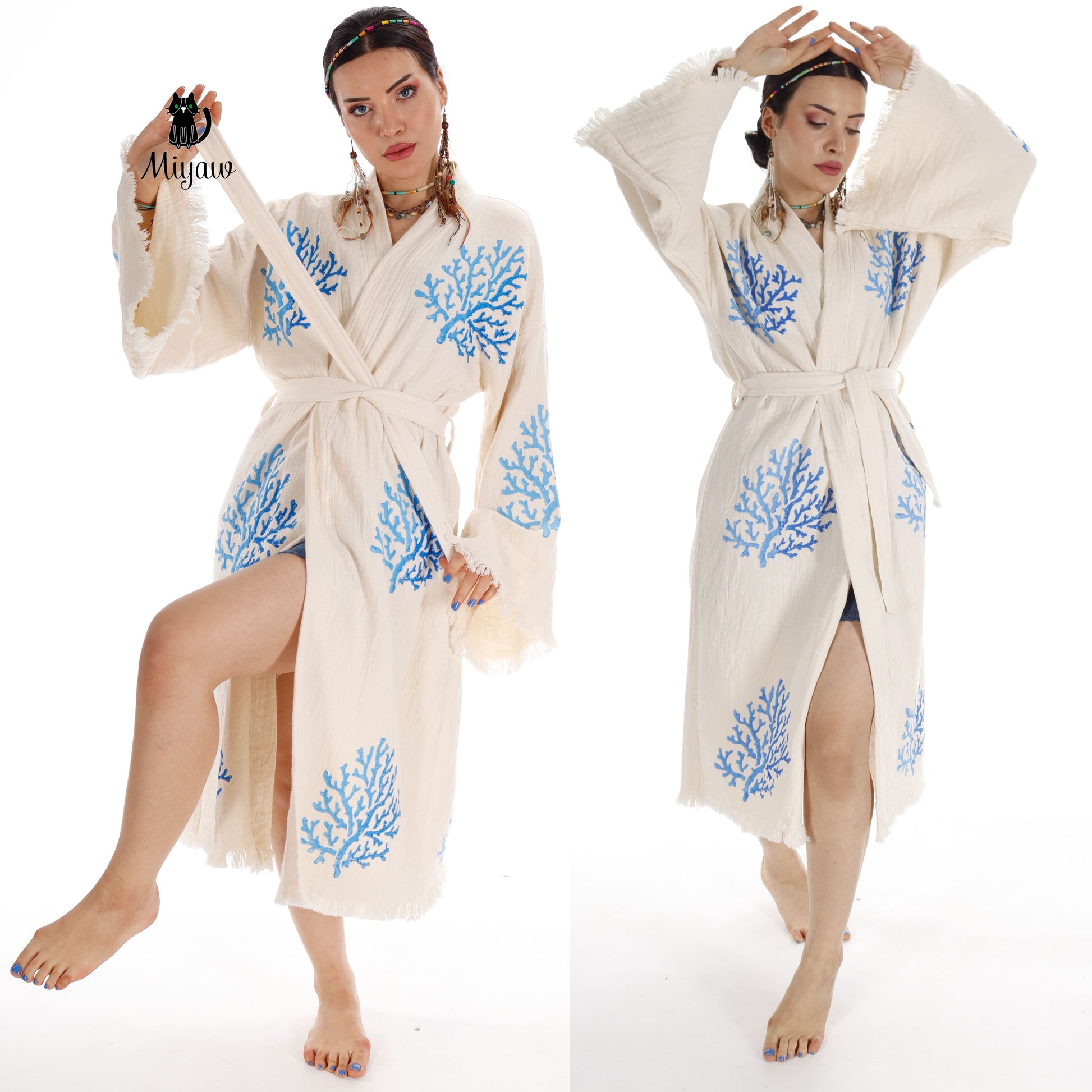 Handcrafted Organic Cotton Kimono in Blue Sea Coral - Miyawfashion