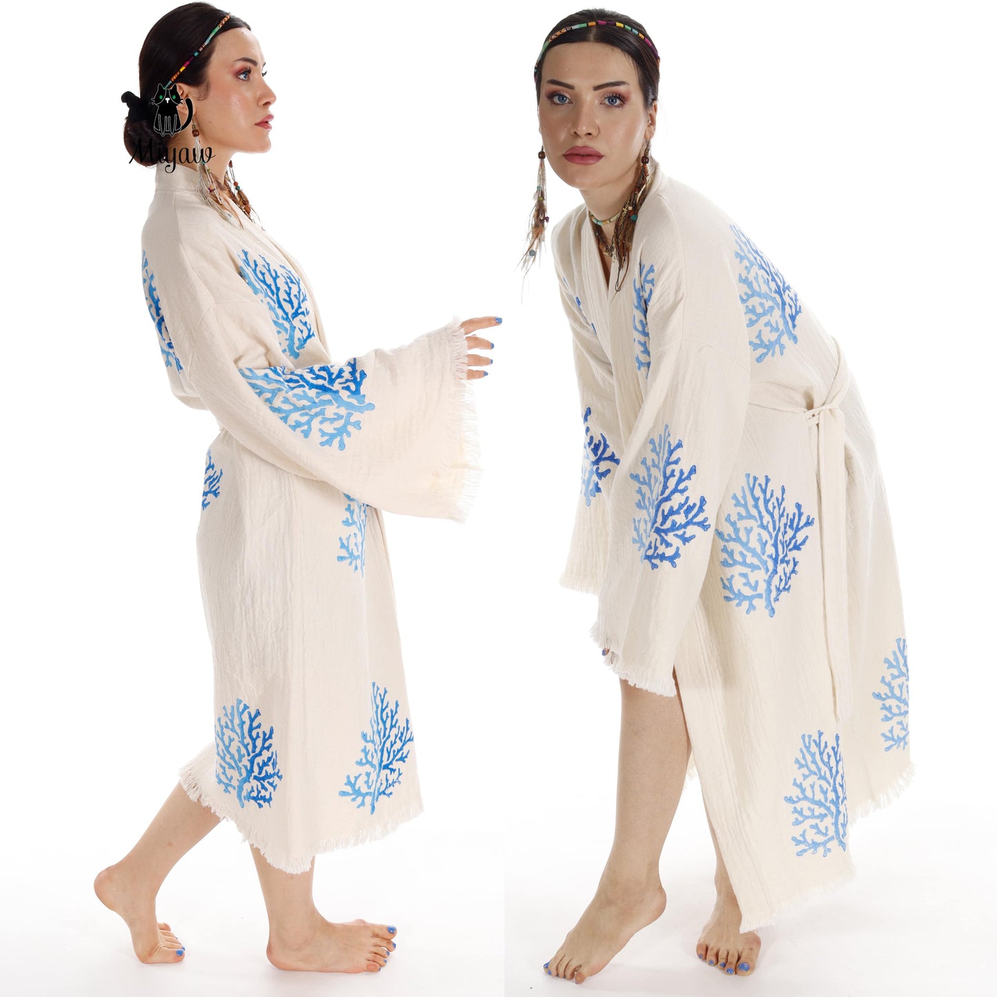 Handcrafted Organic Cotton Kimono in Blue Sea Coral - Miyawfashion Miyawfashion