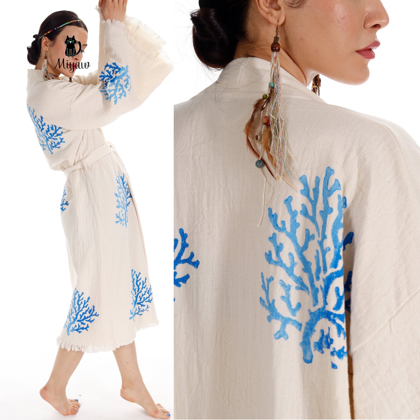 Handcrafted Organic Cotton Kimono in Blue Sea Coral - Miyawfashion Miyawfashion