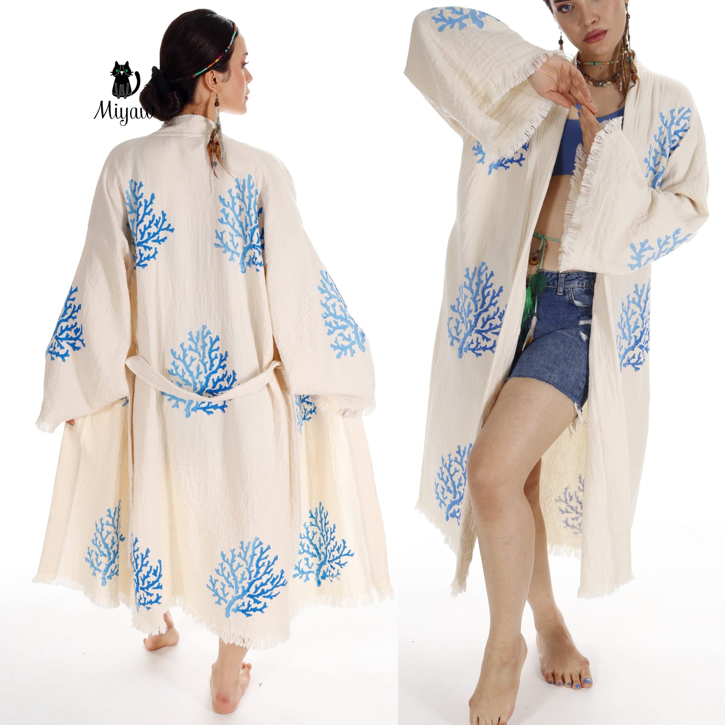 Handcrafted Organic Cotton Kimono in Blue Sea Coral - Miyawfashion Miyawfashion