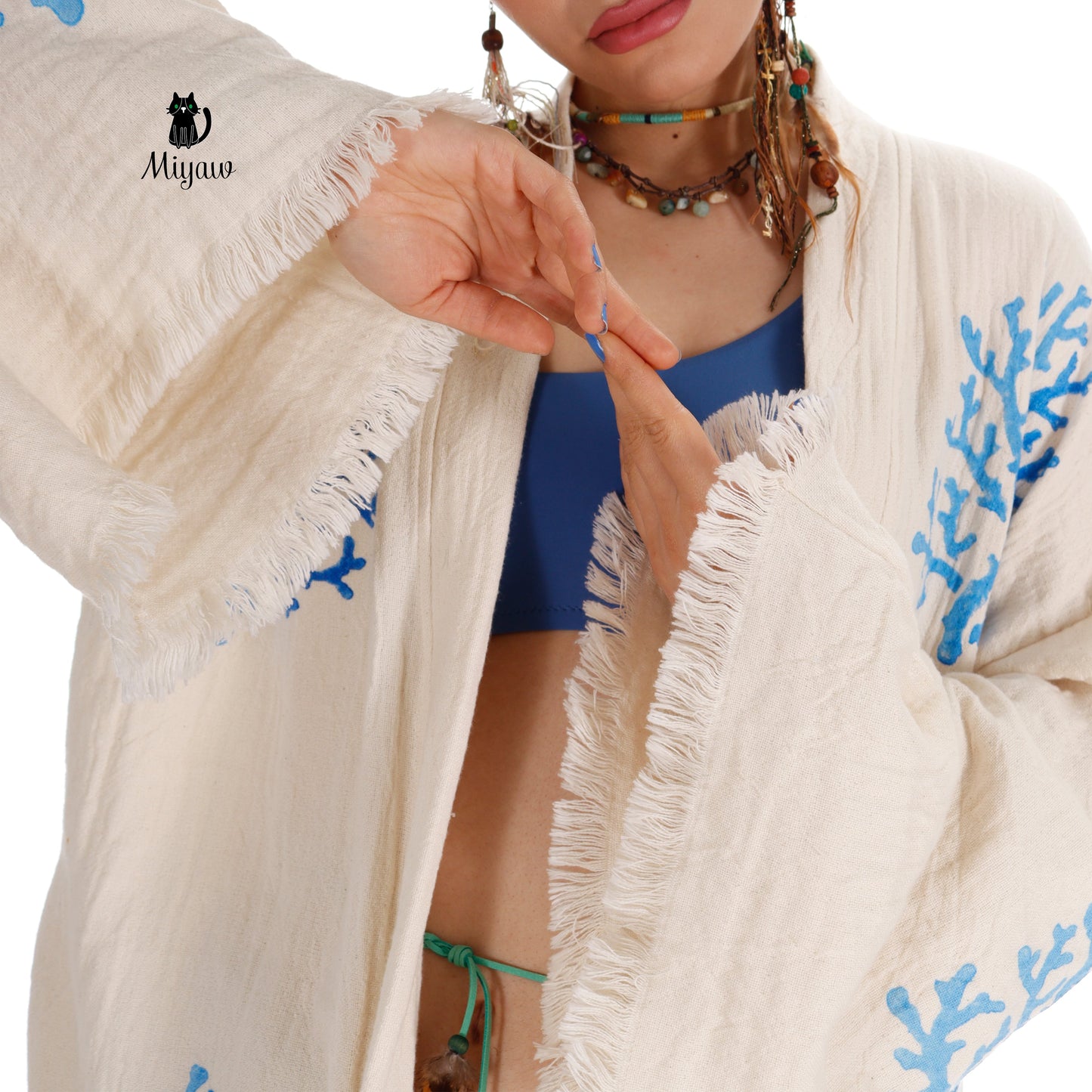 Handcrafted Organic Cotton Kimono in Blue Sea Coral - Miyawfashion Miyawfashion