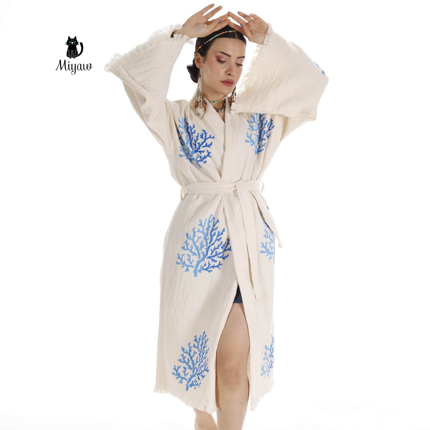 Handcrafted Organic Cotton Kimono in Blue Sea Coral - Miyawfashion Miyawfashion