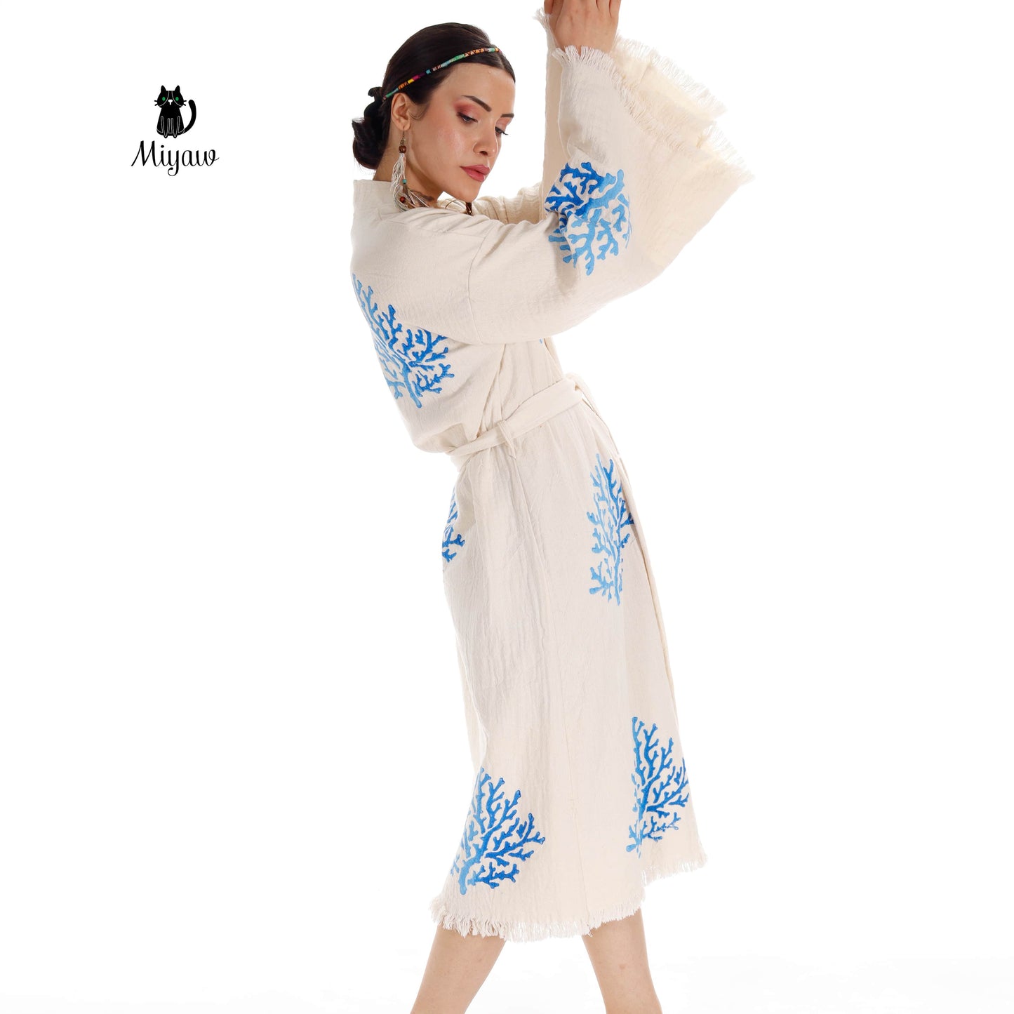 Handcrafted Organic Cotton Kimono in Blue Sea Coral - Miyawfashion Miyawfashion