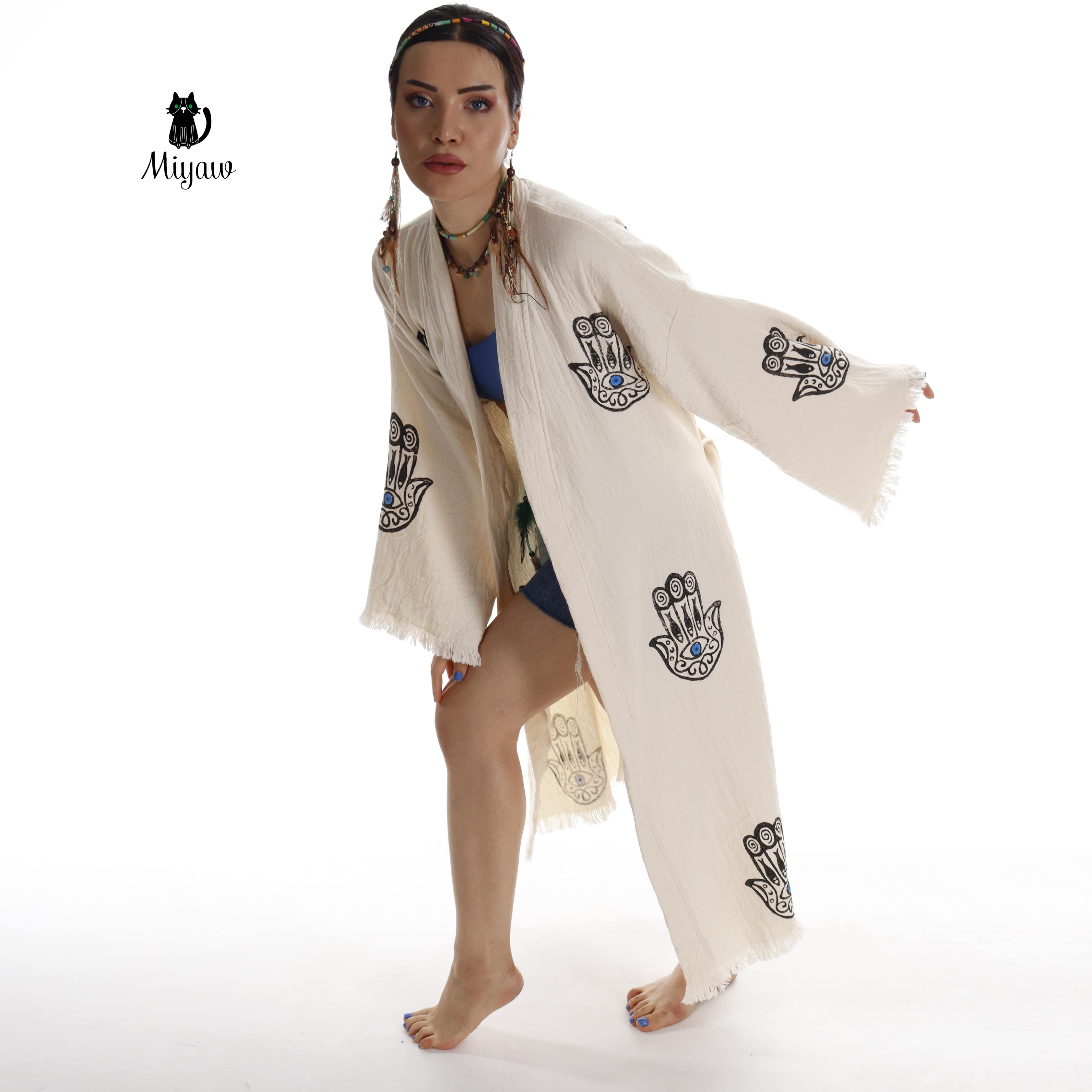 Handcrafted Boho Beach Kimono Bathrobe with Talisman Stamp - Miyawfashion
