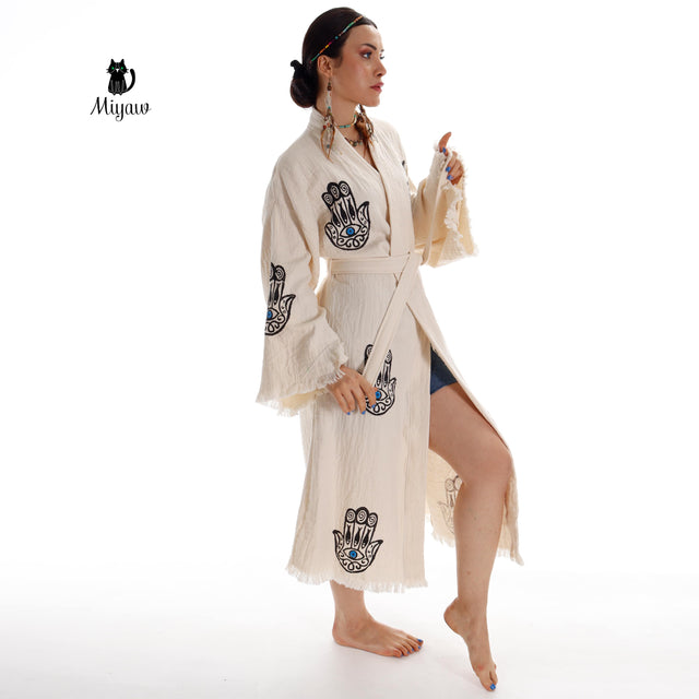Handcrafted Boho Beach Kimono Bathrobe with Talisman Stamp - Miyawfashion