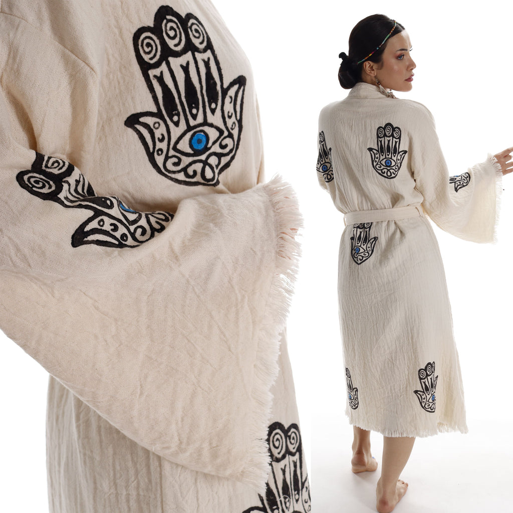 Handcrafted Boho Beach Kimono Bathrobe with Talisman Stamp - Miyawfashion