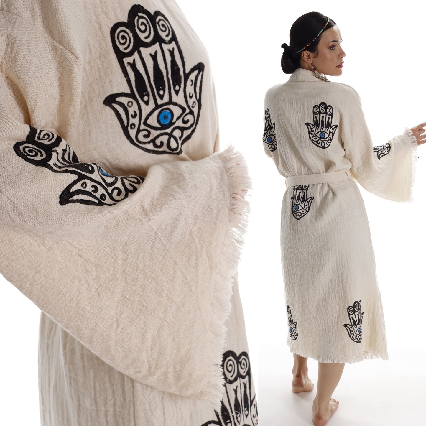 Handcrafted Boho Beach Kimono Bathrobe with Talisman Stamp - Miyawfashion Miyawfashion