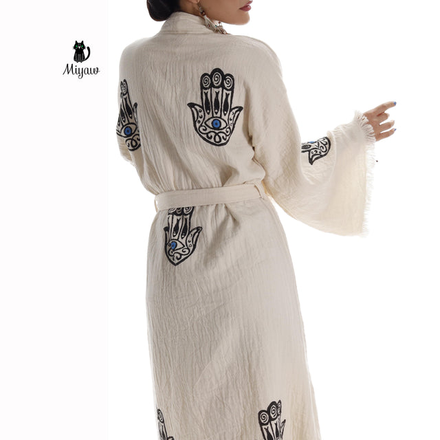 Handcrafted Boho Beach Kimono Bathrobe with Talisman Stamp - Miyawfashion