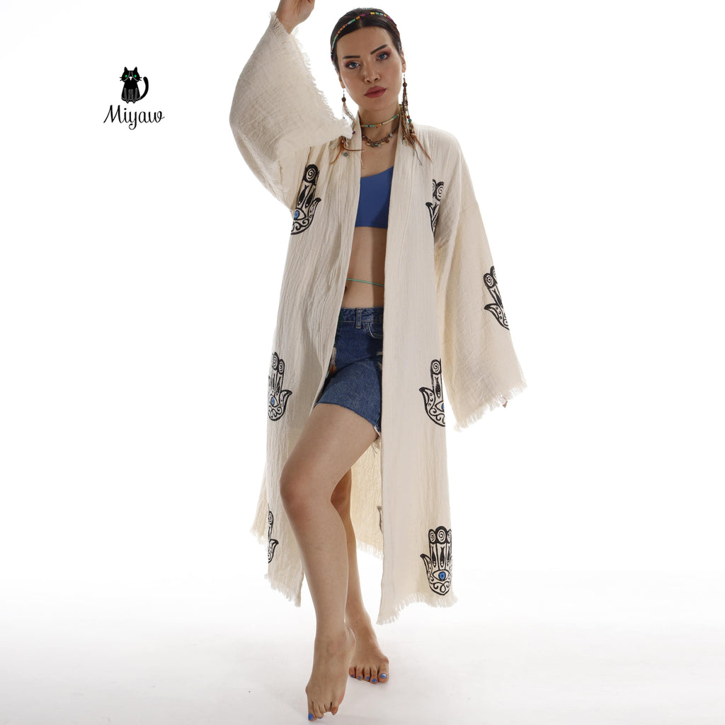 Handcrafted Boho Beach Kimono Bathrobe with Talisman Stamp - Miyawfashion
