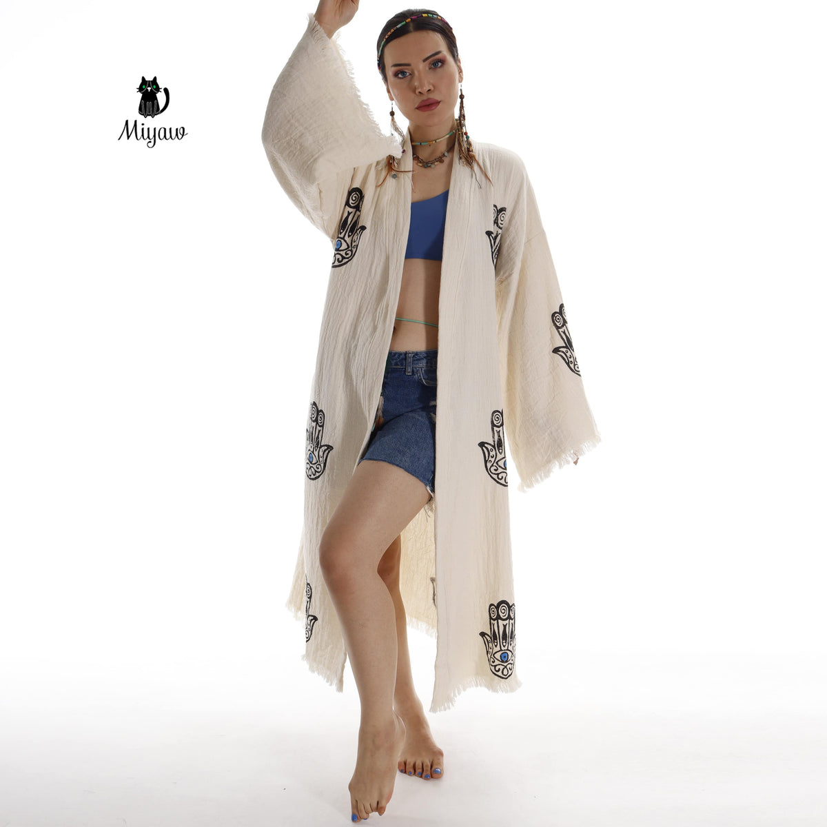 Handcrafted Boho Beach Kimono Bathrobe with Talisman Stamp - Miyawfashion