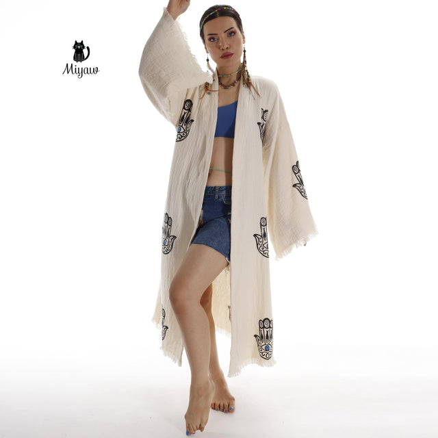 Handcrafted Boho Beach Kimono Bathrobe with Talisman Stamp - Miyawfashion