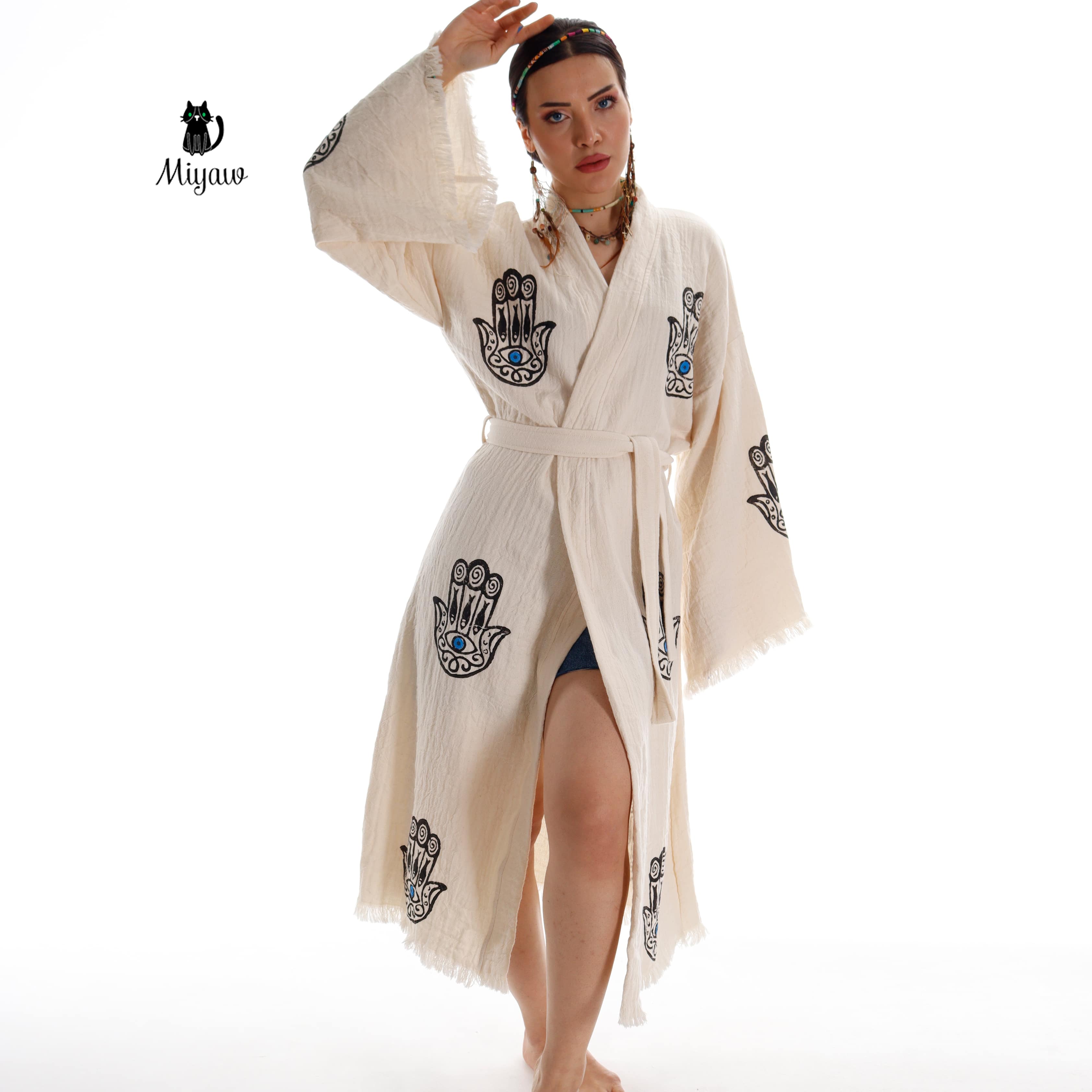 Handcrafted Boho Beach Kimono Bathrobe with Talisman Stamp - Miyawfashion