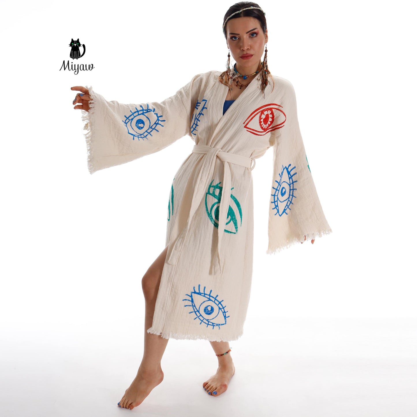 Colorful Eyes-Stamped Boho Beach Kimono | Handmade with Organic Cotton - Miyawfashion Miyawfashion