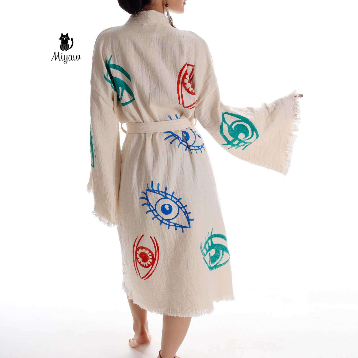 Colorful Eyes-Stamped Boho Beach Kimono | Handmade with Organic Cotton - Miyawfashion Miyawfashion