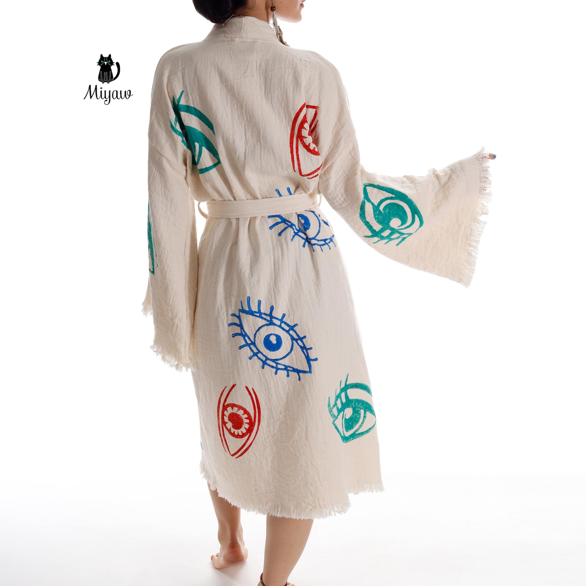 Colorful Eyes-Stamped Boho Beach Kimono | Handmade with Organic Cotton - Miyawfashion