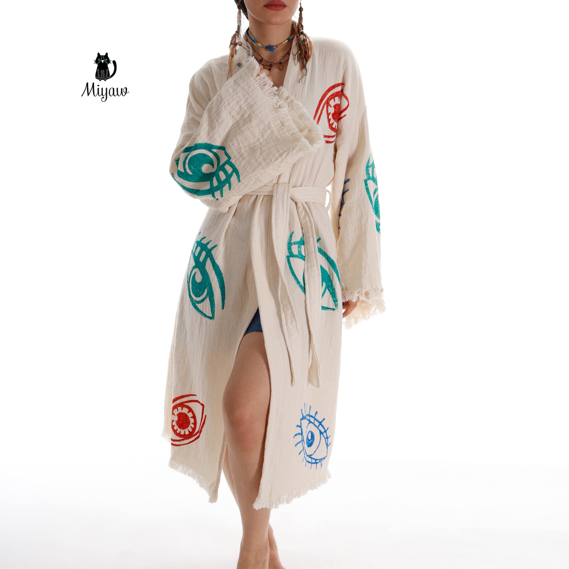 Colorful Eyes-Stamped Boho Beach Kimono | Handmade with Organic Cotton - Miyawfashion