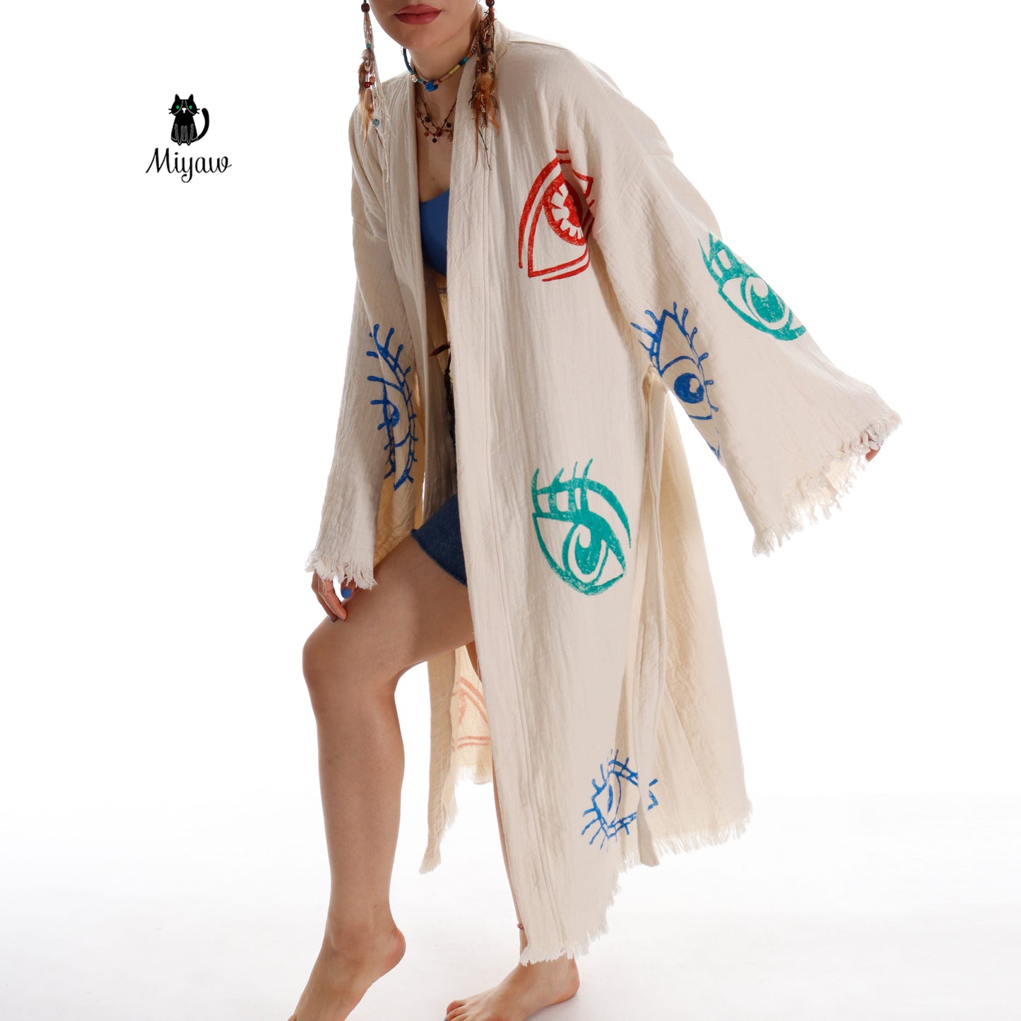 Colorful Eyes-Stamped Boho Beach Kimono | Handmade with Organic Cotton - Miyawfashion Miyawfashion