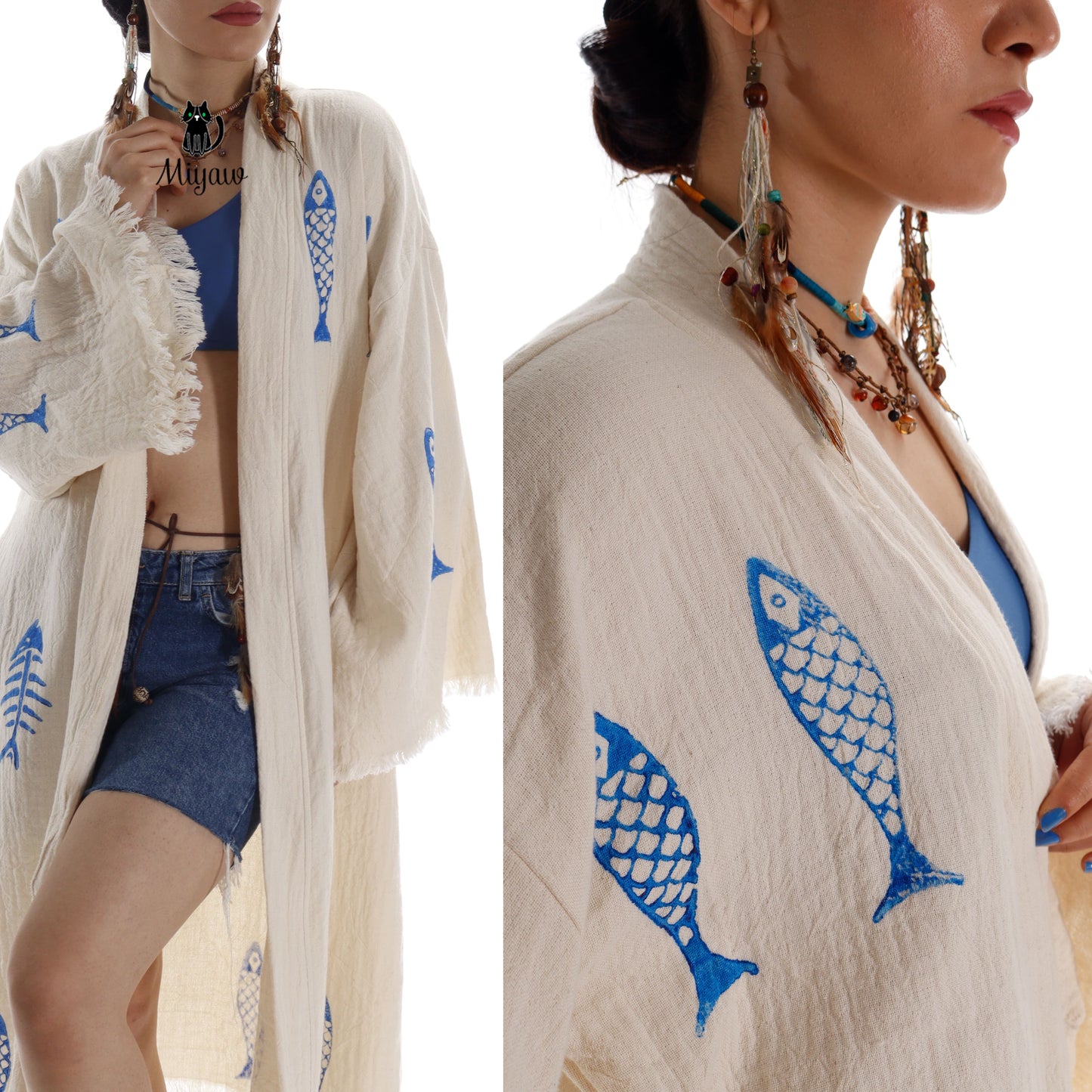 Ocean-Inspired Boho Kimono Cover-Up in Blue Fish Stamp - Miyawfashion Miyawfashion