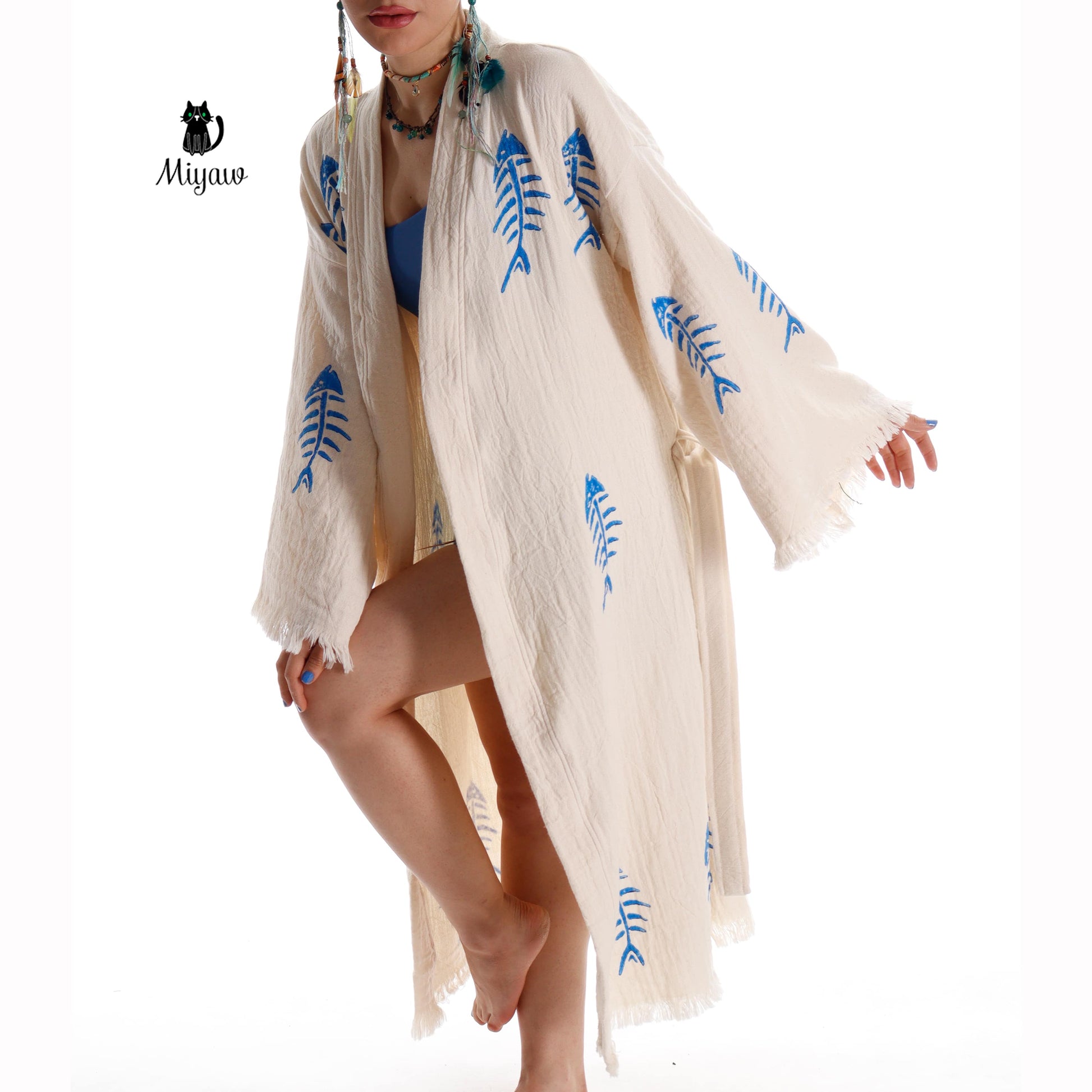 Handmade Boho Fishbone Stamped Robe in Organic Cotton - Miyawfashion