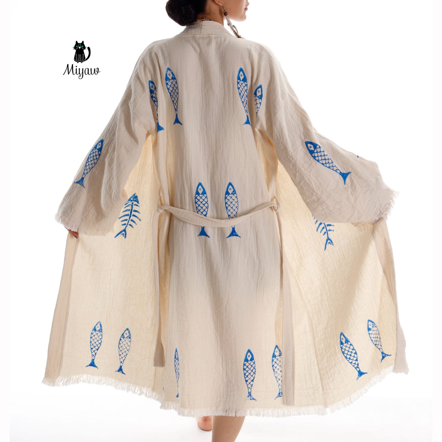 Ocean-Inspired Boho Kimono Cover-Up in Blue Fish Stamp - Miyawfashion Miyawfashion