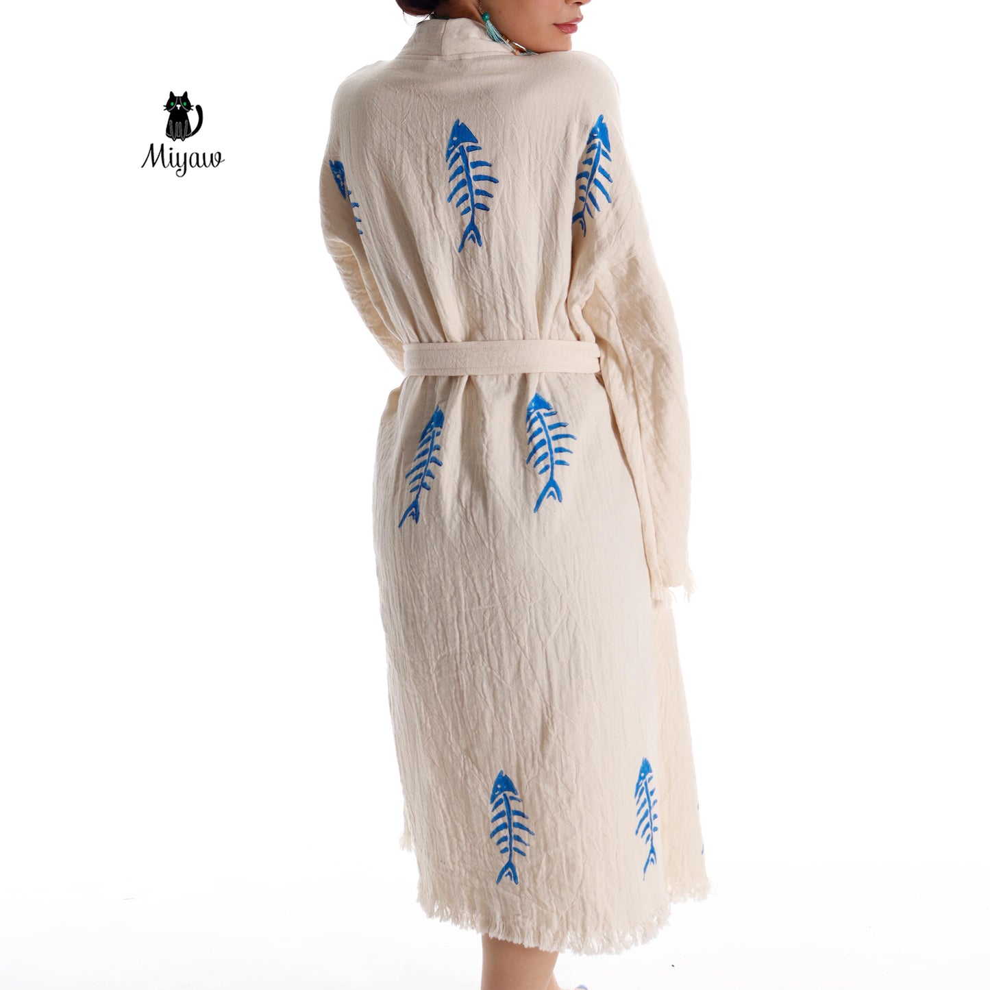 Handmade Boho Fishbone Stamped Robe in Organic Cotton - Miyawfashion Miyawfashion