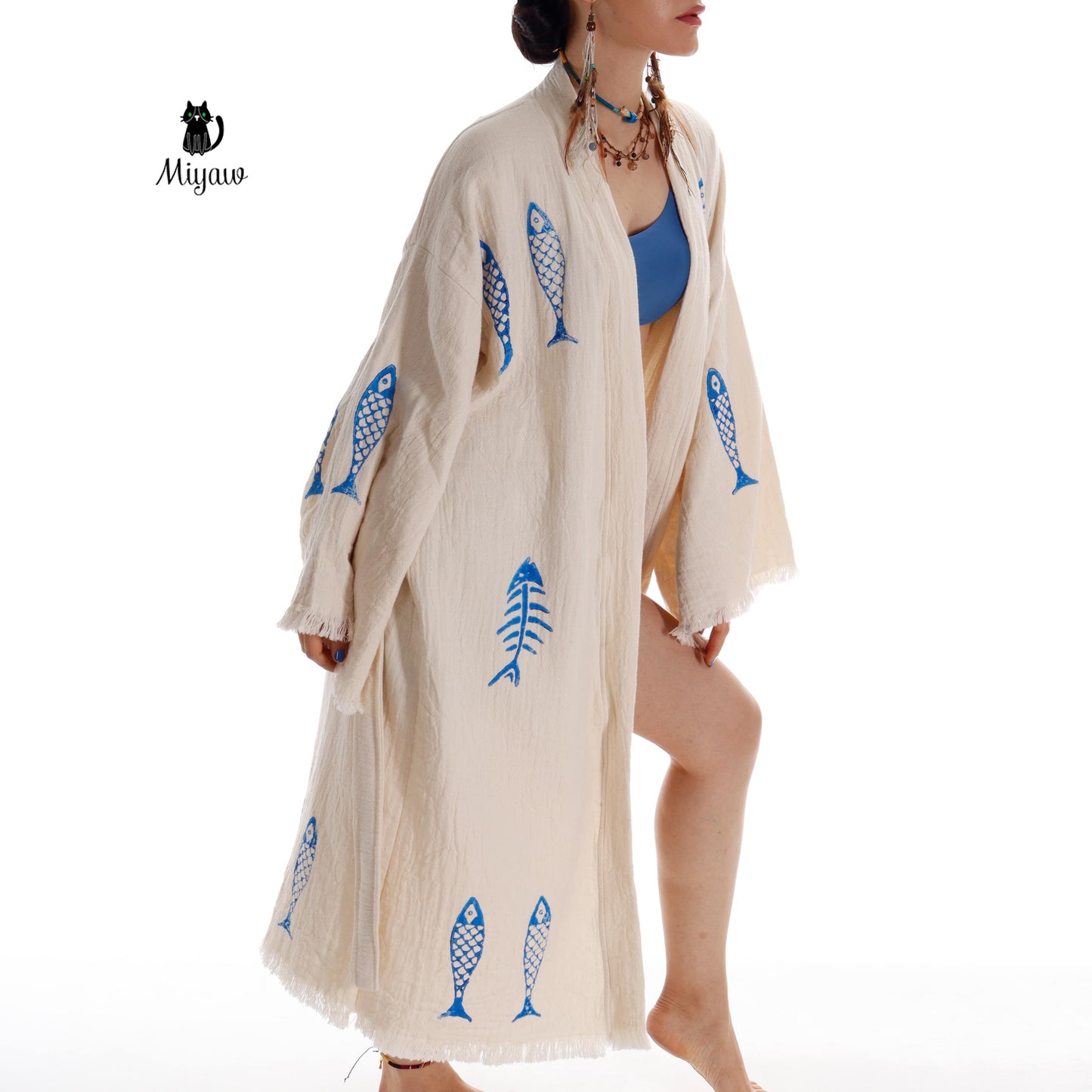 Ocean-Inspired Boho Kimono Cover-Up in Blue Fish Stamp - Miyawfashion Miyawfashion