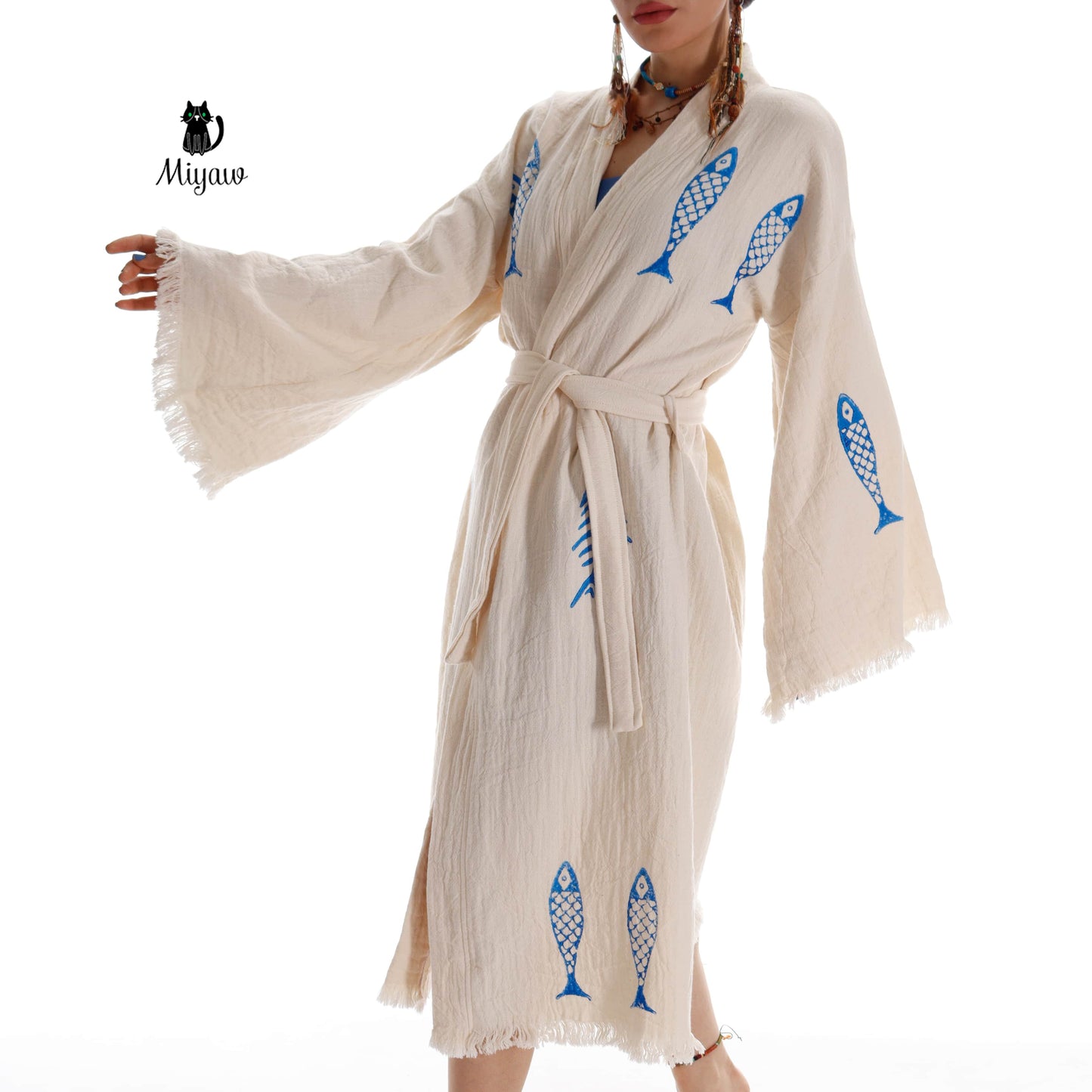 Ocean-Inspired Boho Kimono Cover-Up in Blue Fish Stamp - Miyawfashion Miyawfashion