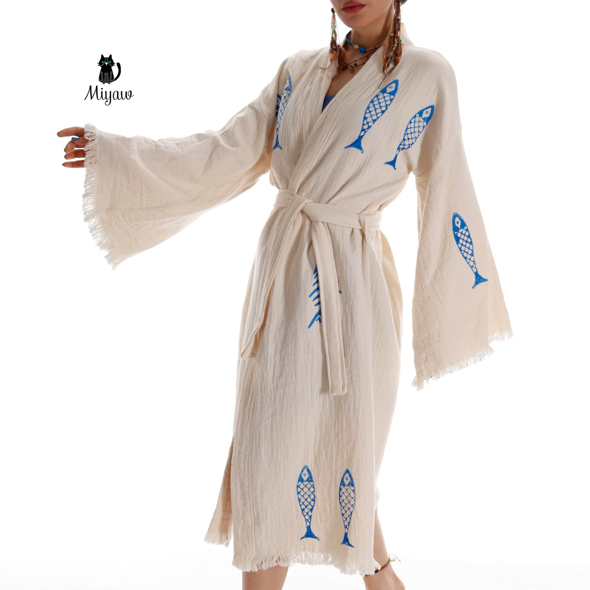 Ocean-Inspired Boho Kimono Cover-Up in Blue Fish Stamp - Miyawfashion