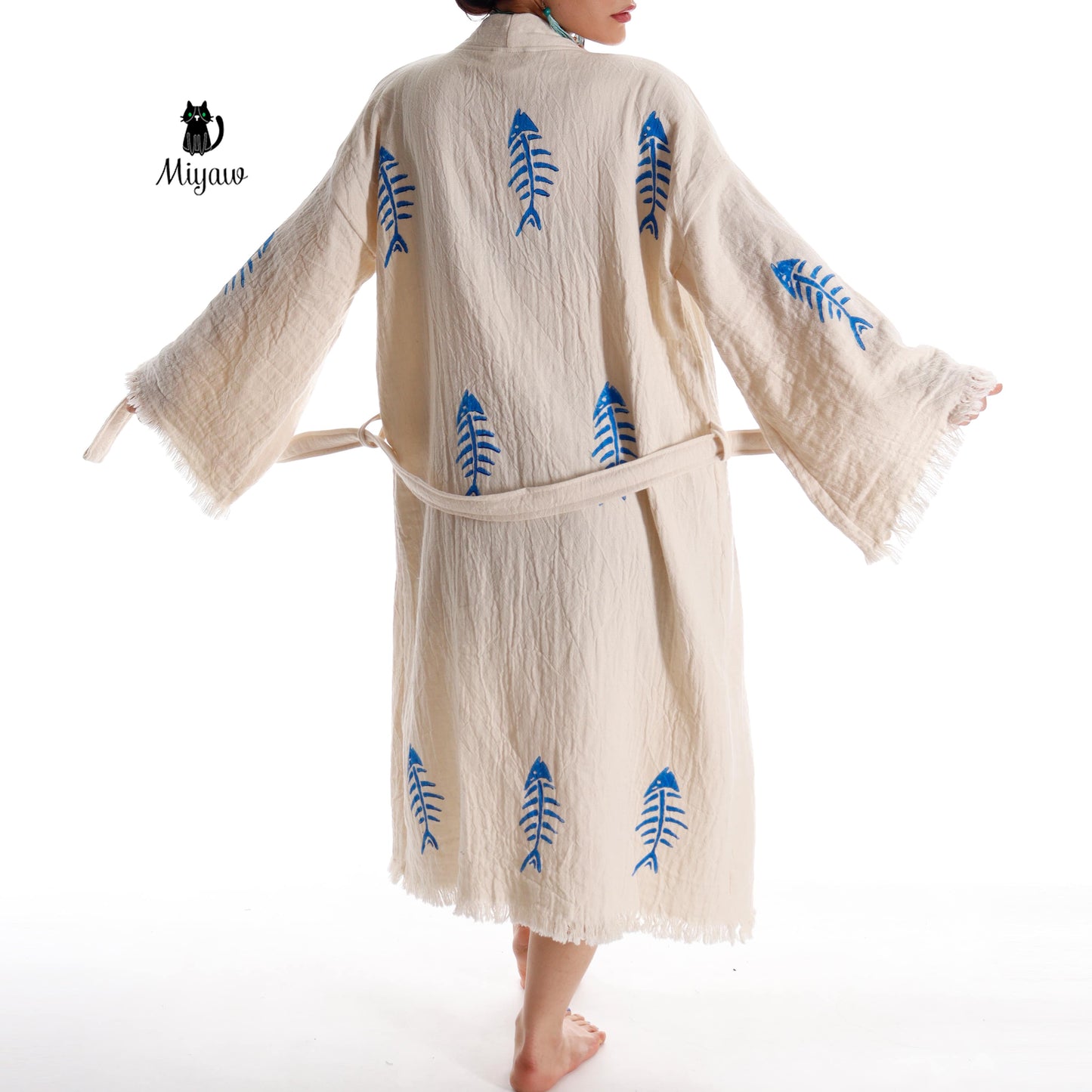 Handmade Boho Fishbone Stamped Robe in Organic Cotton - Miyawfashion Miyawfashion