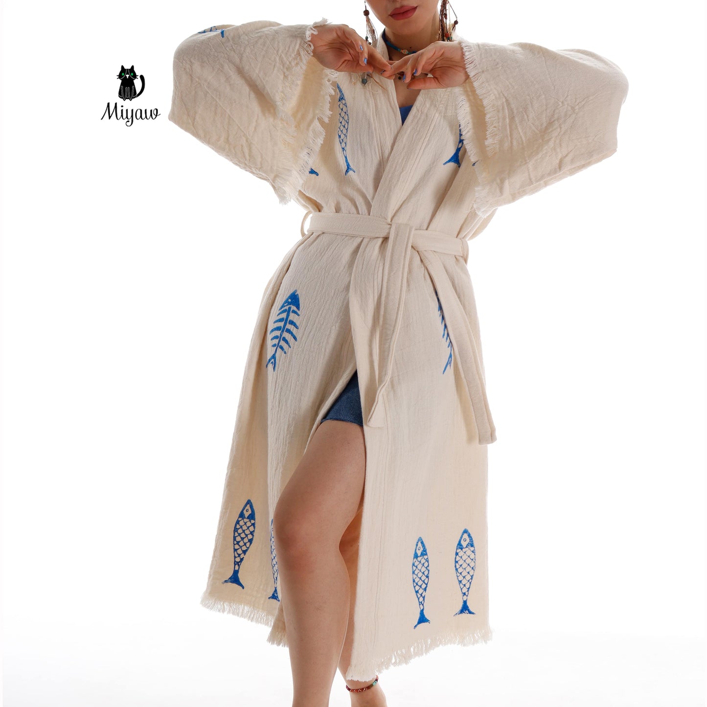 Ocean-Inspired Boho Kimono Cover-Up in Blue Fish Stamp - Miyawfashion Miyawfashion